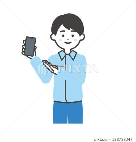 スマホを持って指をさすスーツの上に作業着を着た男性イラスト 128758347