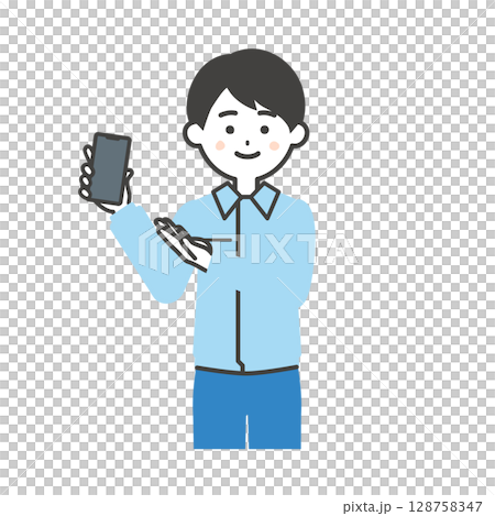 スマホを持って指をさすスーツの上に作業着を着た男性イラスト 128758347