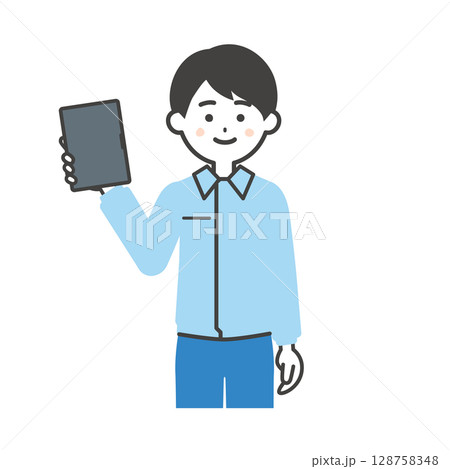 タブレットを持つスーツの上に作業着を着た男性イラスト 128758348