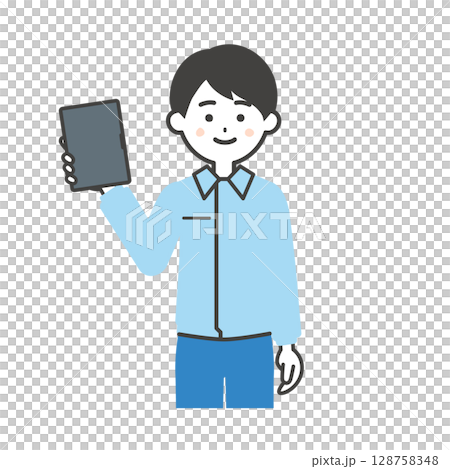 タブレットを持つスーツの上に作業着を着た男性イラスト 128758348