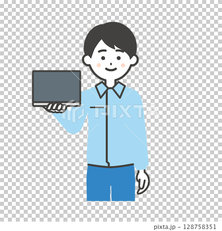 ノートパソコンを持つスーツの上に作業着を着た男性イラスト ノートパソコンを持つスーツの上に作業着を着た男性イラスト 128758351