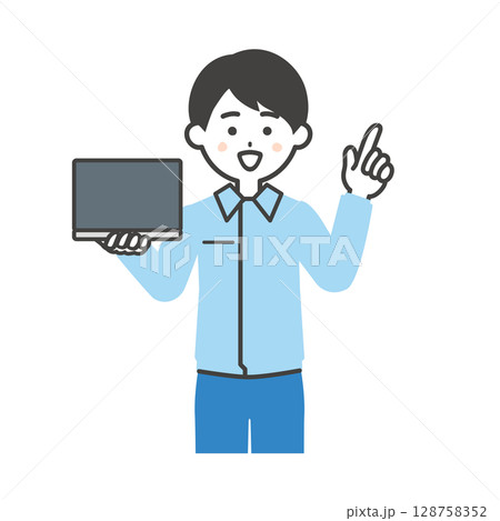 ノートパソコンを持って指をさすスーツの上に作業着を着た男性イラスト 128758352