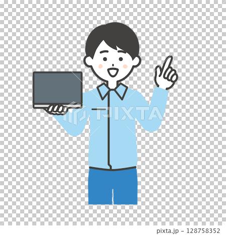 ノートパソコンを持って指をさすスーツの上に作業着を着た男性イラスト 128758352