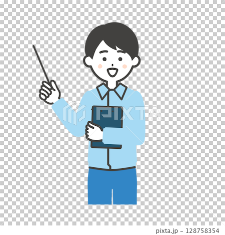 一名男子穿著工作服和西裝，指著指針的插圖 128758354