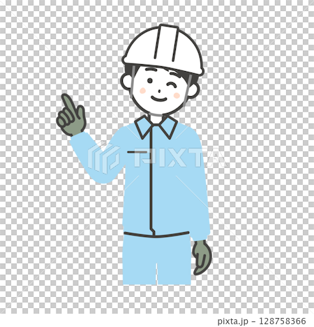 Illustration of a man wearing a helmet and work clothes pointing and winking Illustration of a man wearing a helmet and work clothes pointing and winking 128758366