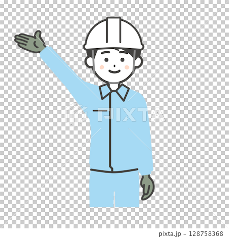 Illustration of a man wearing a helmet and work clothes pointing upwards 128758368