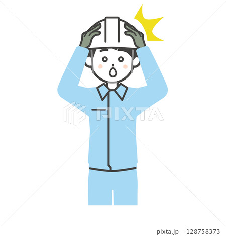 頭を押さえて驚くヘルメットをかぶり作業服を着た男性イラスト 128758373