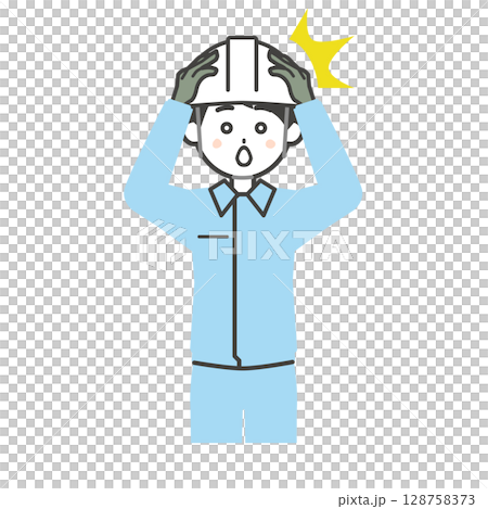 頭を押さえて驚くヘルメットをかぶり作業服を着た男性イラスト 128758373