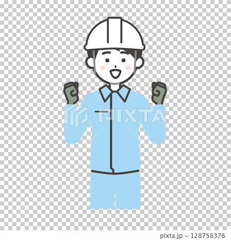 圖:一位戴著頭盔、身穿工作服、微笑的男士用雙手握拳 圖:一位戴著頭盔、身穿工作服、微笑的男士用雙手握拳 128758376