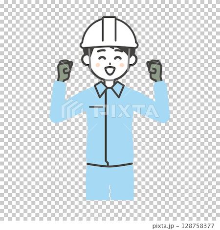 圖：一位戴著頭盔、身穿工作服、微笑的男士用雙手握拳 128758377