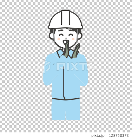 一位戴著頭盔、穿著工作服的男人微笑著鼓掌的插圖 128758378
