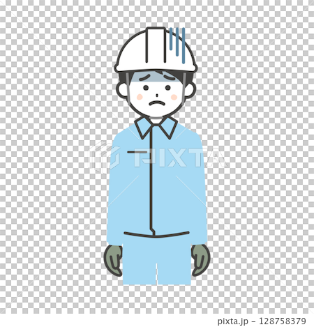 一名男子戴著陰沉的頭盔和工作服的插圖 一名男子戴著陰沉的頭盔和工作服的插圖 128758379