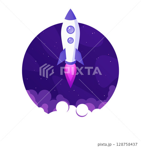 Rocket launch, space futuristic colorful background with planets and stars. Cartoon starship, spaceship in night sky. Solar system, galaxy and universe exploration. Vector illustration 128758437