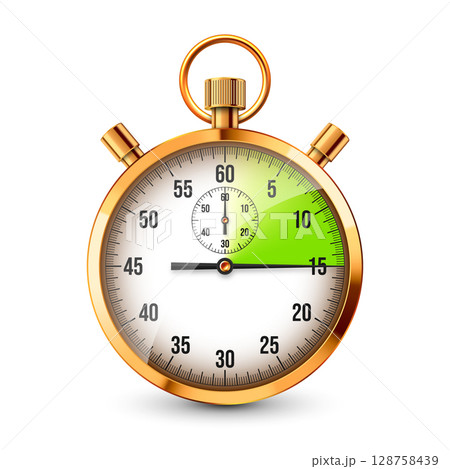 Realistic classic stopwatch. Shiny golden metal chronometer, time counter with dial. Green countdown timer showing minutes and seconds. Time measurement for sport, start, finish. Vector illustration Realistic classic stopwatch. Shiny golden metal chronometer, time counter with dial. Green countdown timer showing minutes and seconds. Time measurement for sport, start, finish. Vector illustration 128758439