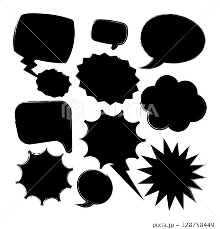 Grunge comic speech bubbles with brush strokes, ink smudges, acrylic stains or charcoal streaks. Hand drawn retro cartoon stickers. Chatting, message box. Vector illustration 128758449