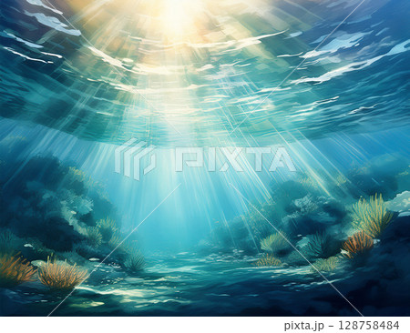 水中から見上げた水面と光 水中から見上げた水面と光 128758484