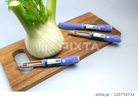 Ozempic Insulin injection pen and fennel vegetable root for diabetics and weight loss. 128758532