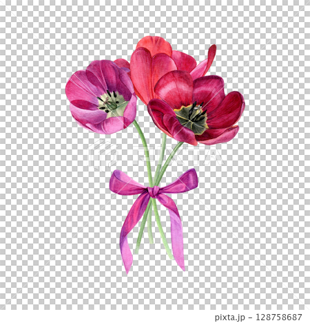 Bouquet of tulips with pink ribbon. Watercolor of bright spring flowers isolated on a white background. Good for postcards, invitations, greeting cards Bouquet of tulips with pink ribbon. Watercolor of bright spring flowers isolated on a white background. Good for postcards, invitations, greeting cards 128758687