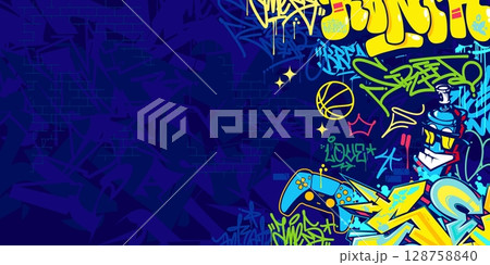 Trendy Abstract Colorful Urban Street Art Graffiti Style Vector Illustration Background Template 128758840