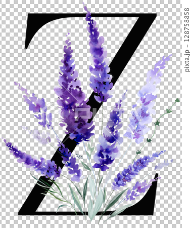 Black letter Z with watercolor purple lavender flowers, summer floral wedding isolated monogram 128758858