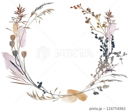 Watercolor boho autumn round floral frame with dried leaves in earthy tones, wedding illustration 128758862