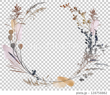 Watercolor boho autumn round floral frame with dried leaves in earthy tones, wedding illustration Watercolor boho autumn round floral frame with dried leaves in earthy tones, wedding illustration 128758862