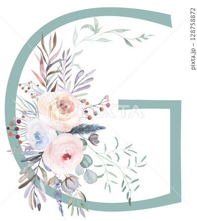 Letter G with Watercolor pastel tender flowers and leaves, isolated illustration, Baby shower element Letter G with Watercolor pastel tender flowers and leaves, isolated illustration, Baby shower element 128758872