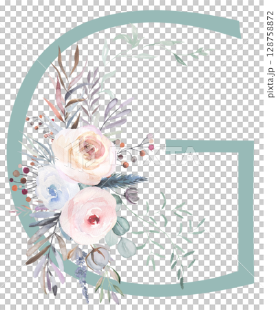 Letter G with Watercolor pastel tender flowers and leaves, isolated illustration, Baby shower element Letter G with Watercolor pastel tender flowers and leaves, isolated illustration, Baby shower element 128758872