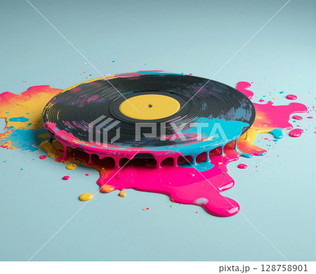 Melting glossy vinyl record transitions into a vibrant pool of colorful paint on a minimalist background 128758901