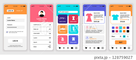 Online shopping mobile app interface templates set. Web design kit with phone display, store assortment, order, choosing colour and size. Pack of UI, UX, GUI screens for application. Vector design. Online shopping mobile app interface templates set. Web design kit with phone display, store assortment, order, choosing colour and size. Pack of UI, UX, GUI screens for application. Vector design. 128759027