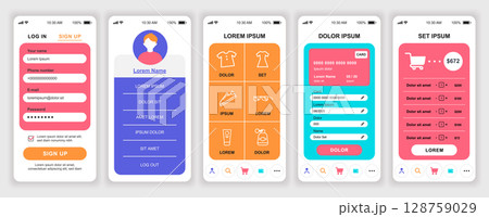 Online shopping mobile app interface templates set. Web design kit with phone display, account, store assortment, credit card payment. Pack of UI, UX, GUI screens for application. Vector design. Online shopping mobile app interface templates set. Web design kit with phone display, account, store assortment, credit card payment. Pack of UI, UX, GUI screens for application. Vector design. 128759029