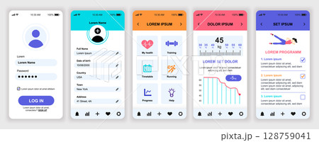 Fitness workout mobile app interface templates set. Web design kit with phone display, menu, statistic, weight lose graph, training program. Pack of UI, UX, GUI screens for application. Vector design. 128759041