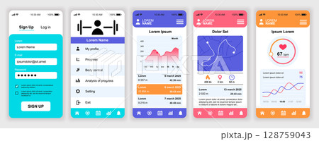 Fitness workout mobile app interface templates set. Web design kit with phone display, sport statistic, running map, cardio tracking, data. Pack of UI, UX, GUI screens for application. Vector design. 128759043