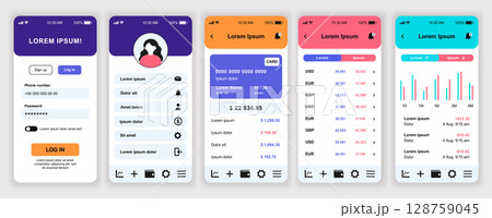 Finance services mobile app interface templates set. Web design kit with phone display, account, credit card balance, financial statistic. Pack of UI, UX, GUI screens for application. Vector design. 128759045