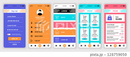 Delivery food mobile app interface templates set. Web design kit with phone display, account, menu, order price, choose meal, payment. Pack of UI, UX, GUI screens for application. Vector design. 128759050