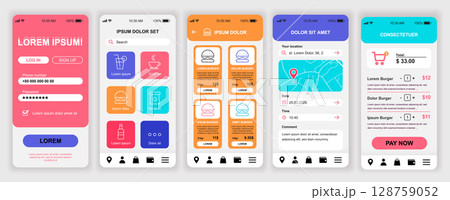 Delivery food mobile app interface templates set. Web design kit with phone display, account, restaurant menu, order, online map, payment. Pack of UI, UX, GUI screens for application. Vector design. Delivery food mobile app interface templates set. Web design kit with phone display, account, restaurant menu, order, online map, payment. Pack of UI, UX, GUI screens for application. Vector design. 128759052