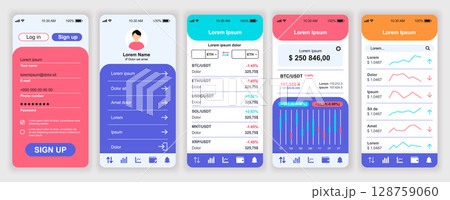 Cryptocurrency mobile app interface templates set. Web design kit with phone display, account, money balance, trade data, statistics chart. Pack of UI, UX, GUI screens for application. Vector design. 128759060