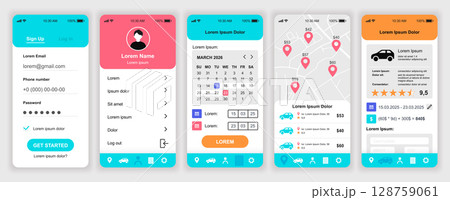 Car booking mobile app interface templates set. Web design kit with phone display, account, calendar, online tracking, driver rating, price. Pack of UI, UX, GUI screens for application. Vector design. 128759061