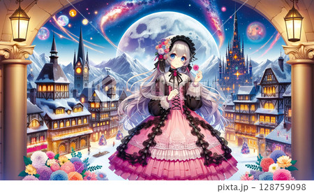 満月の夜と雪景色の街に佇むゴシックロリータドレスのアニメ少女 128759098