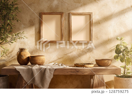 Stylish interior setup featuring wooden frames set of 2 for wall art mockup, ceramic bowls, and natural decor in a sunlit space 128759275