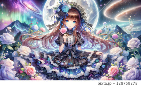 カラフルなバラの花とオーロラの空に包まれた美しい黒いドレス姿の若い女性 128759278