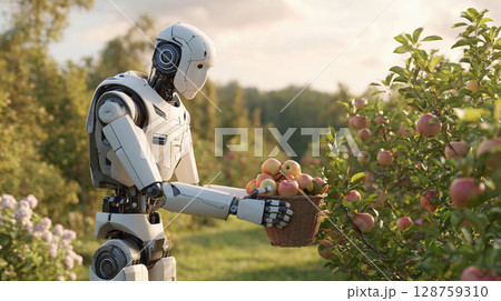 Robotic farmer gathers fresh apples in a lush orchard on a sunny afternoon surrounded by blooming flowers and green trees Robotic farmer gathers fresh apples in a lush orchard on a sunny afternoon surrounded by blooming flowers and green trees 128759310