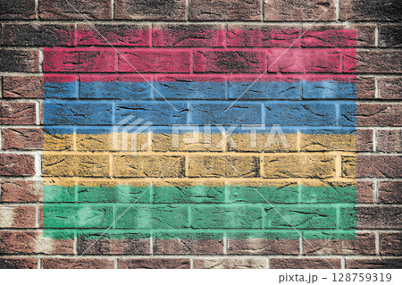 Mauritius flag on old brick wall background 128759319