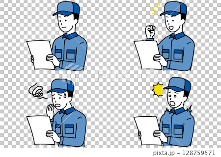 書類を見るつなぎ作業服の男性　セット 128759571