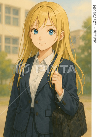 校舎の前に立つ女子高生 128759604