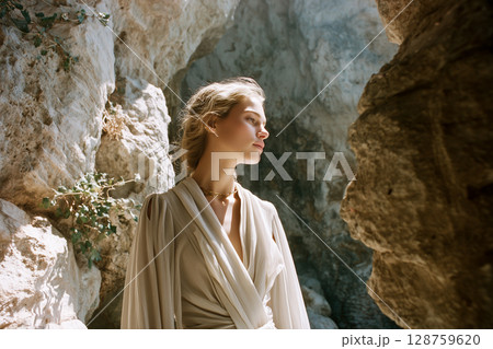 A woman is standing in a cave with a white dress on 128759620