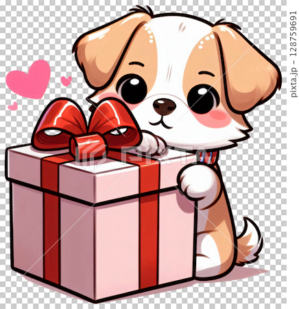 A shy dog peeking from behind a gift box. 128759691