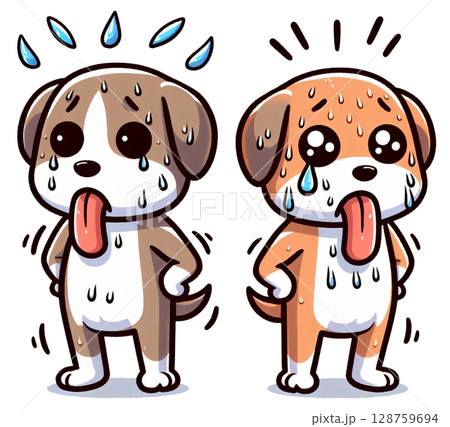 A dog standing frozen with sweat drop, comic expression 128759694