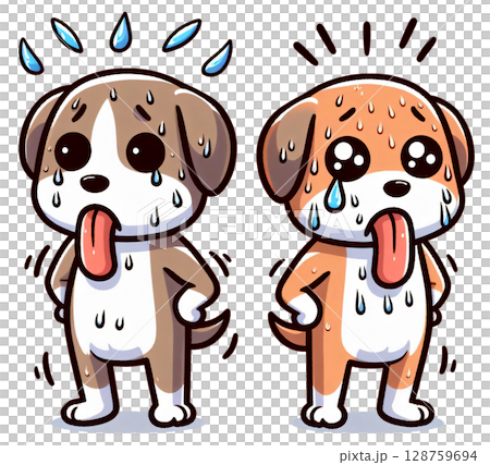 A dog standing frozen with sweat drop, comic expression 128759694