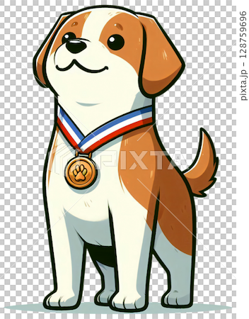 A dog standing tall with a medal on its chest, proud expression. 128759696